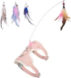 Cat Harness Collar Toy, Self Play Cat Feather Bell Toy with Harness (Pink, M)