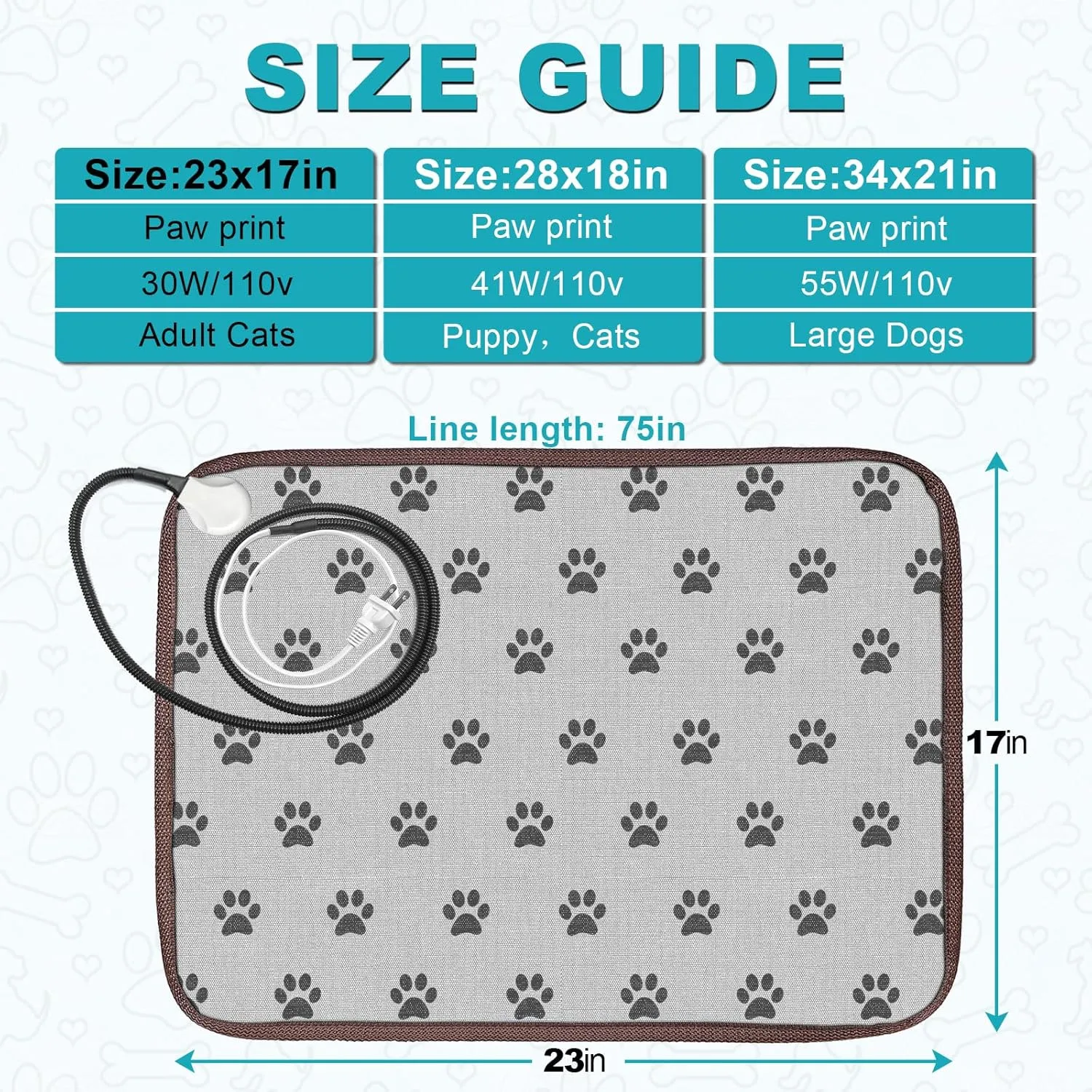 Cat Heating Pad, Heat Mat for Kittens, Heated Cat Bed, Waterproof, Cat Heating Pad Indoor, 23x17 in, Grey, Footprints:43*58''