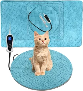 Cat Heating Pad, Round-16 in, Soft Heated Cat Bed with Smart Thermostat Switch, Waterproof, Upgraded Adjustable Controller, Adjustable Temperature for Dogs & Cats, Blue Stripe