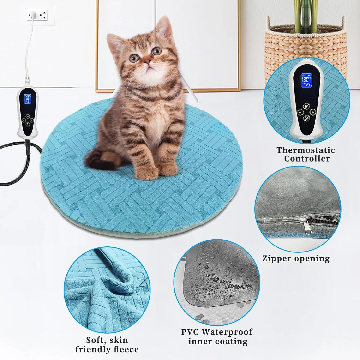 Cat Heating Pad, Round-16 in, Soft Heated Cat Bed with Smart Thermostat Switch, Waterproof, Upgraded Adjustable Controller, Adjustable Temperature for Dogs & Cats, Blue Stripe