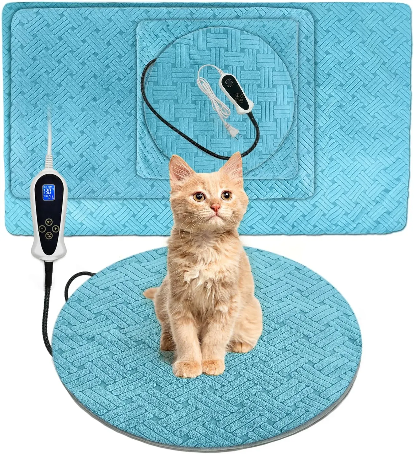 Cat Heating Pad, Round-16 in, Soft Heated Cat Bed with Smart Thermostat Switch, Waterproof, Upgraded Adjustable Controller, Adjustable Temperature for Dogs & Cats, Blue Stripe