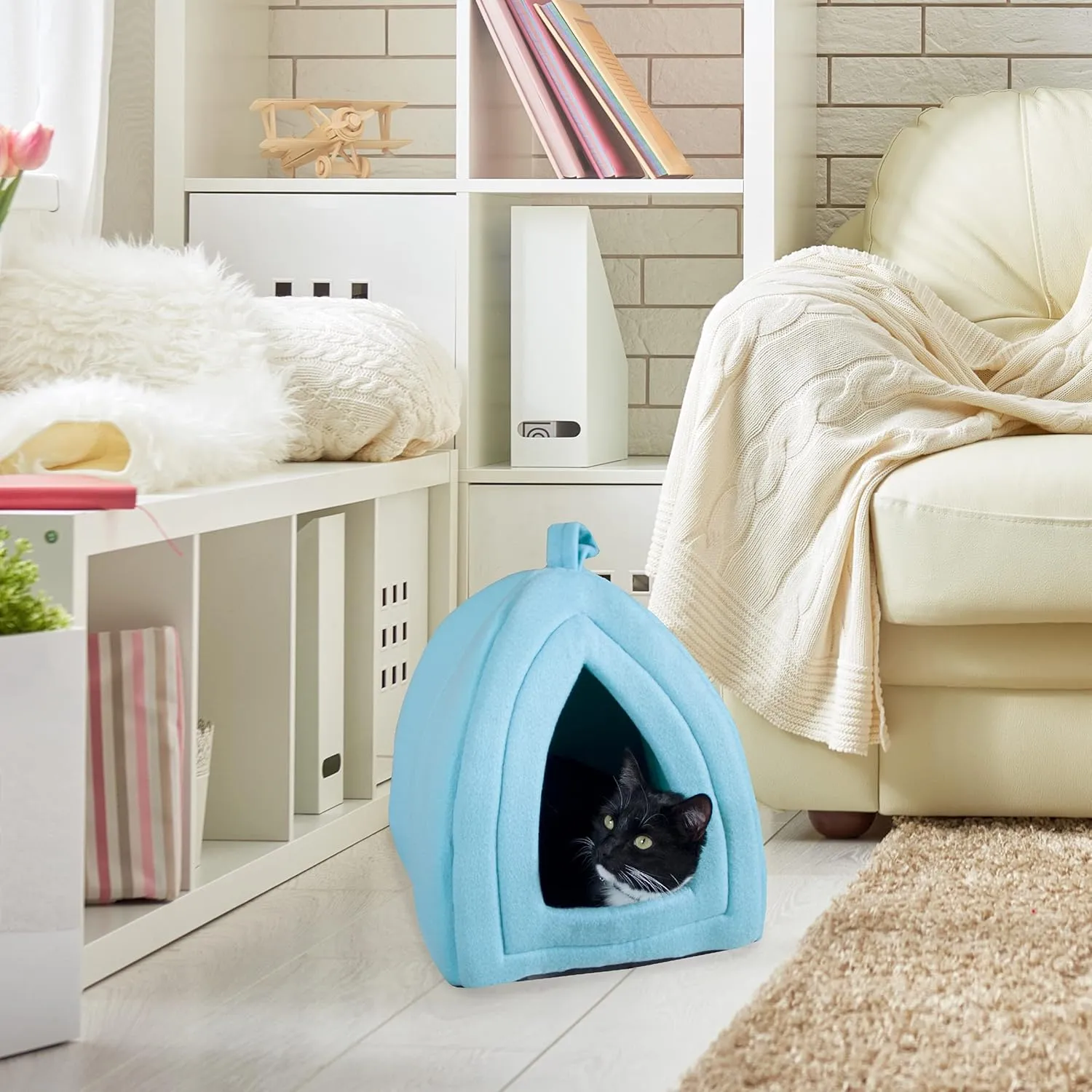 Cat House - Indoor Bed with Removable Foam Cushion - Pet Tent for Puppies, Rabbits, Guinea Pigs, Hedgehogs, and Other Small Animals by PETMAKER (Blue)