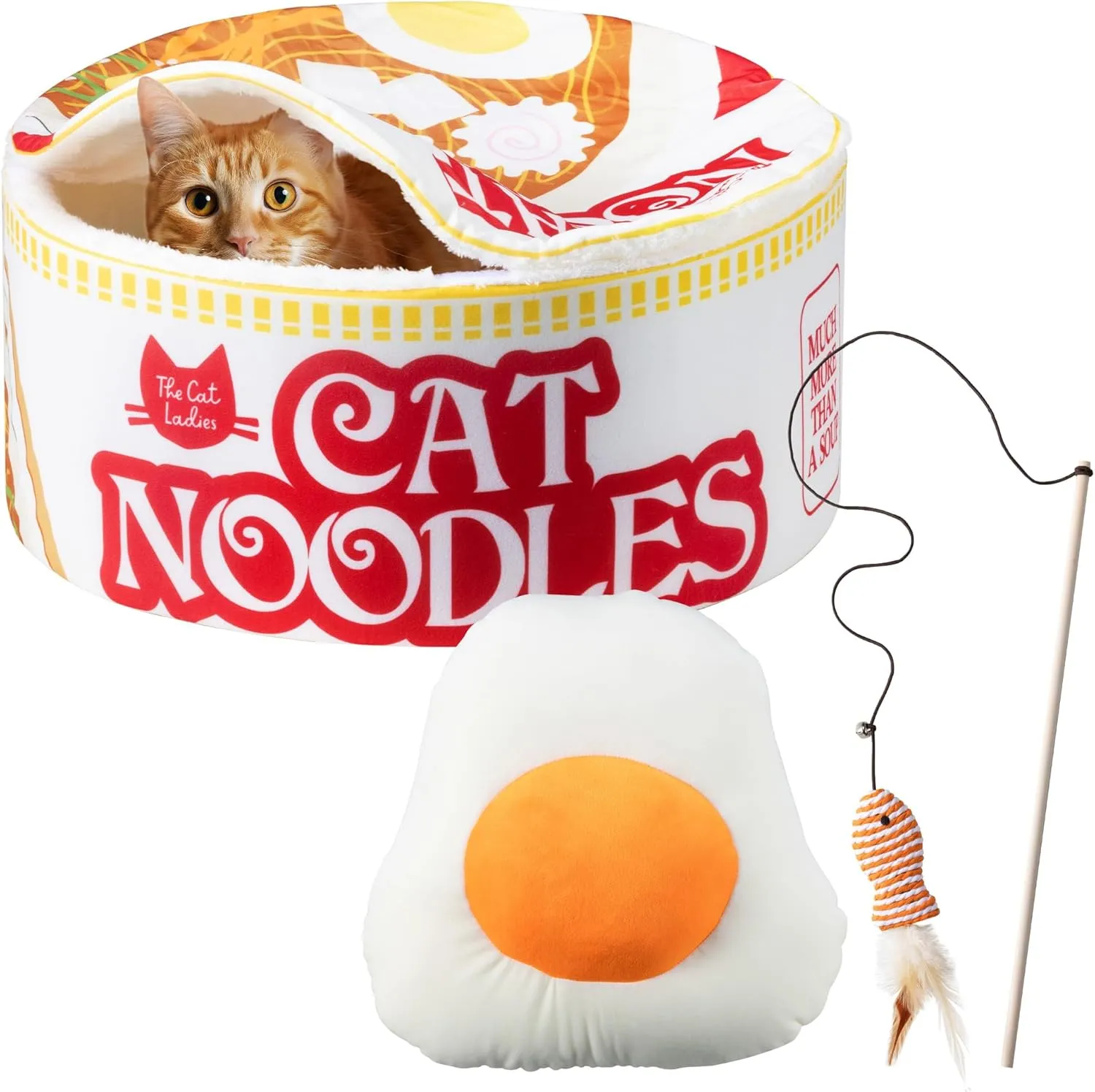 Cat Ladies Ramen Cat Bed - Cozy 5-Piece Soft Nest Set with Blanket Pillows and Teaser Toy - Compact Noodle Bowl-Themed Pet Beds & Furniture - Small Warm Indoor Cushion for Cats