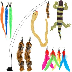 Cat Toy Bundle  Snake & Lizard Catnip Chew Toys with Feather Wand & Suction Cup  Interactive Self-Play Toys for Indoor Cats & Kittens