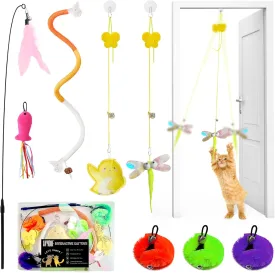 Cat Toys Set 8Pcs, Teaser Retractable Hanging Door Interactive Feather Toys, Cat Wand with Bell Refills, Chew Ropes for Bored Adult and Kittens Play Chase Exercise
