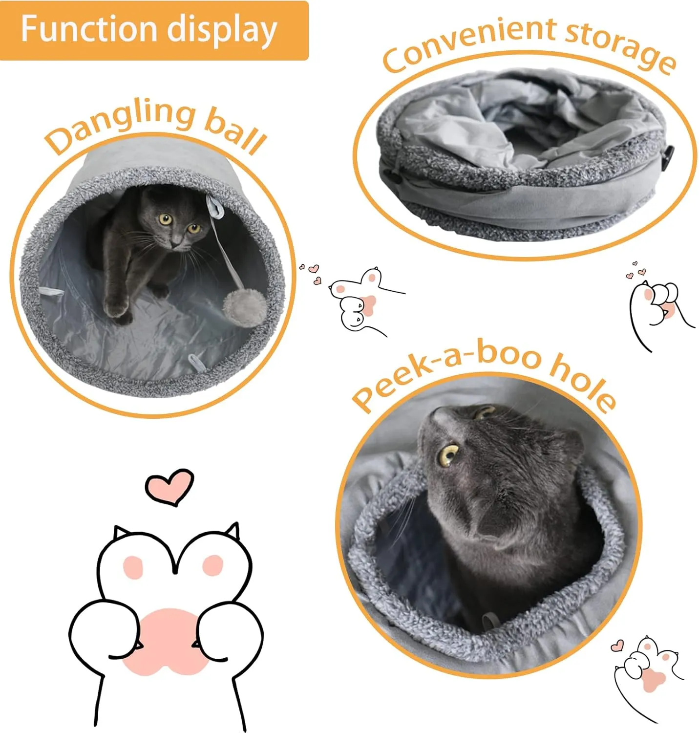 Cat Tunnel for Indoor Cats, 5112 inch Foldable Big Cat Tunnel, Grey Suede Pet Tunnels with Two Peepholes and a Bubble Ball