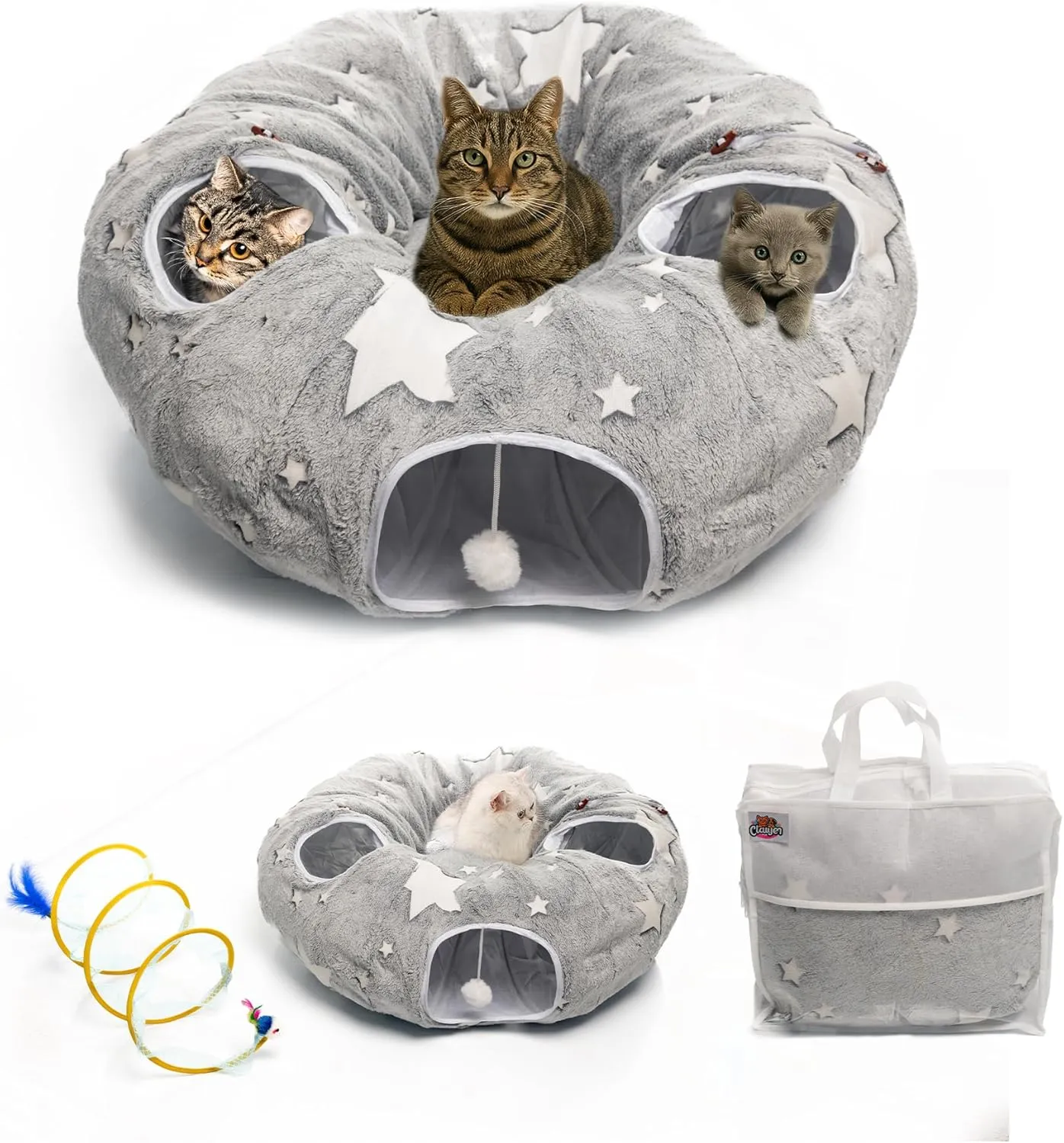 Cat Tunnels for Indoor Cats - Plush Donut Hideaway with Peekaboo Pet Cave, Washable Bed, Spiral Toy, Portable Storage Bag, Cozy Circle Tunnel