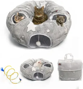 Cat Tunnels for Indoor Cats - Plush Donut Hideaway with Peekaboo Pet Cave, Washable Bed, Spiral Toy, Portable Storage Bag, Cozy Circle Tunnel