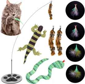 Cat Wand Toy with Round Base  Interactive Feather & Glow-in-The-Dark Octopus Attachments  Suction Cup Cat Toy for Indoor Cats & Kittens