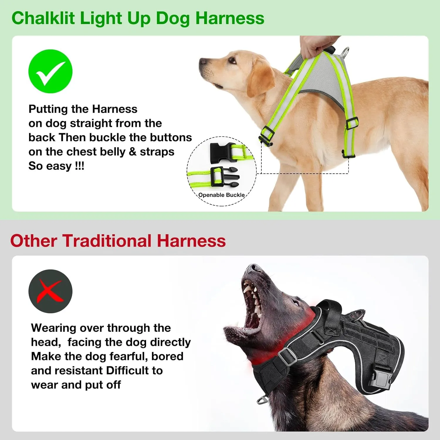 ChalkLit Light Up Dog Harness, No Pull Led Dog Harness Glow-in-The-Dark for Night Walking, USB Rechargeable Lighted Safety Vest for Medium Large Dogs, Adjustable Soft Mesh Fully Illuminated (Green, M)