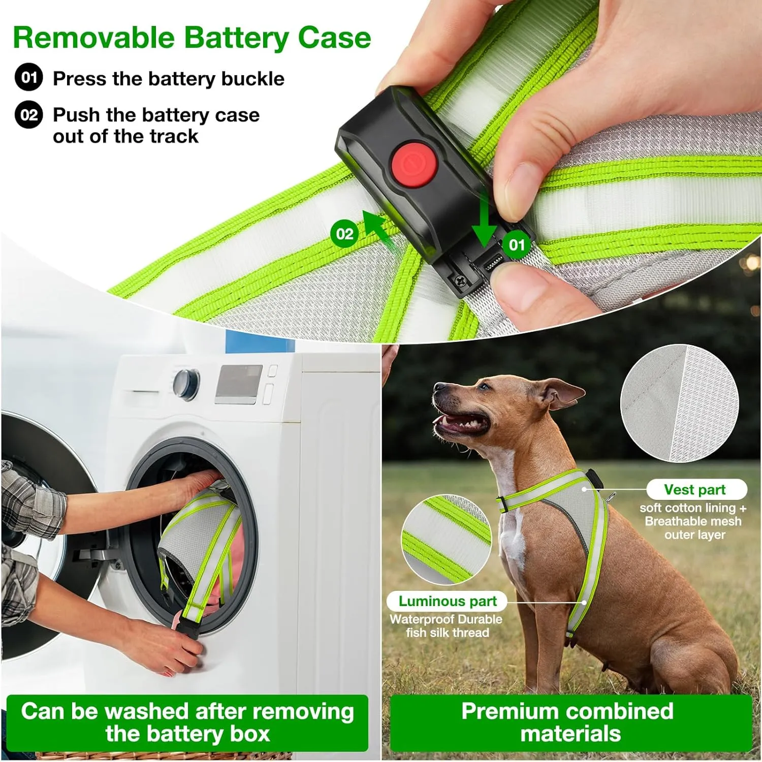 ChalkLit Light Up Dog Harness, No Pull Led Dog Harness Glow-in-The-Dark for Night Walking, USB Rechargeable Lighted Safety Vest for Medium Large Dogs, Adjustable Soft Mesh Fully Illuminated (Green, M)
