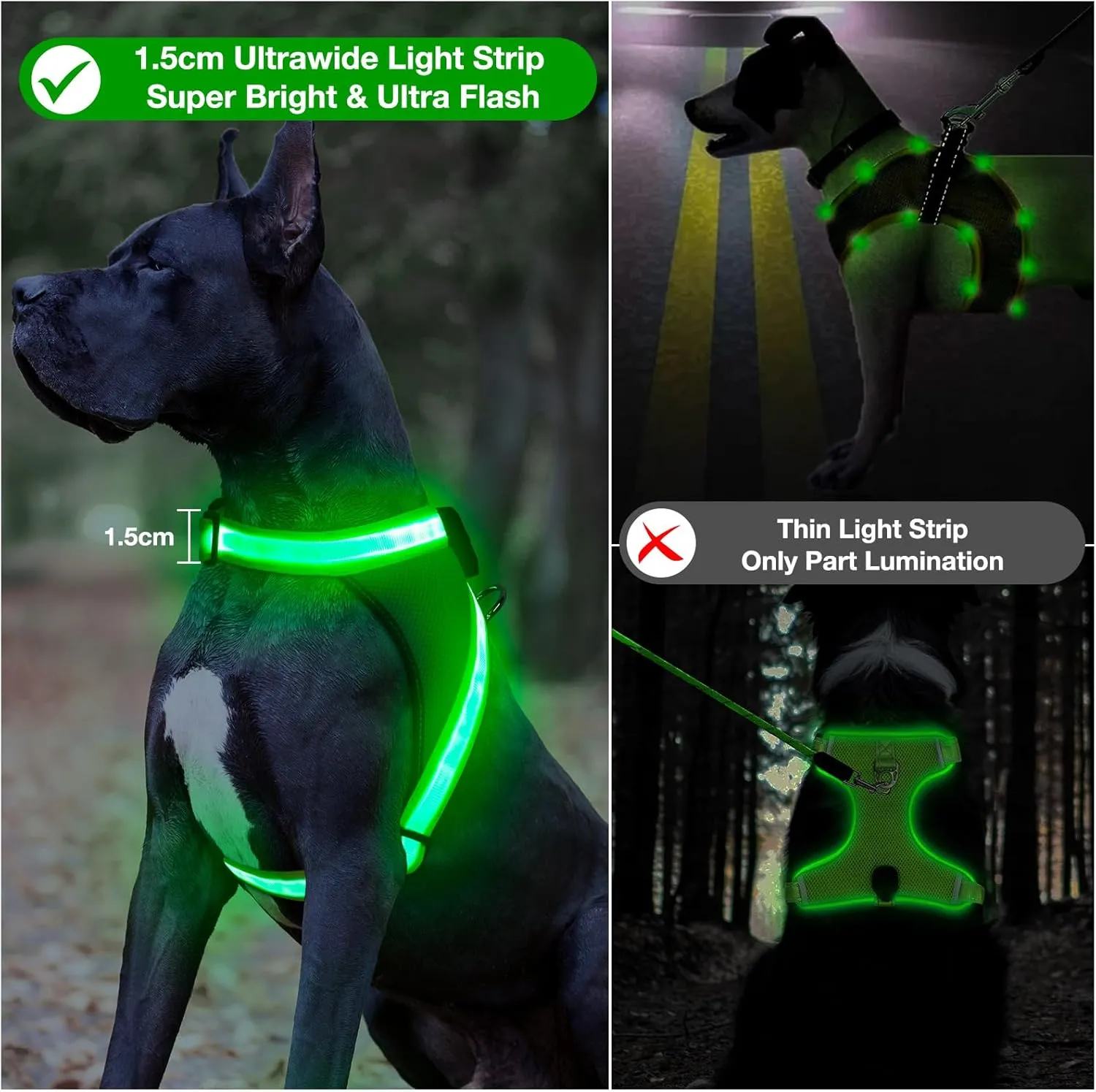 ChalkLit Light Up Dog Harness, No Pull Led Dog Harness Glow-in-The-Dark for Night Walking, USB Rechargeable Lighted Safety Vest for Medium Large Dogs, Adjustable Soft Mesh Fully Illuminated (Green, M)