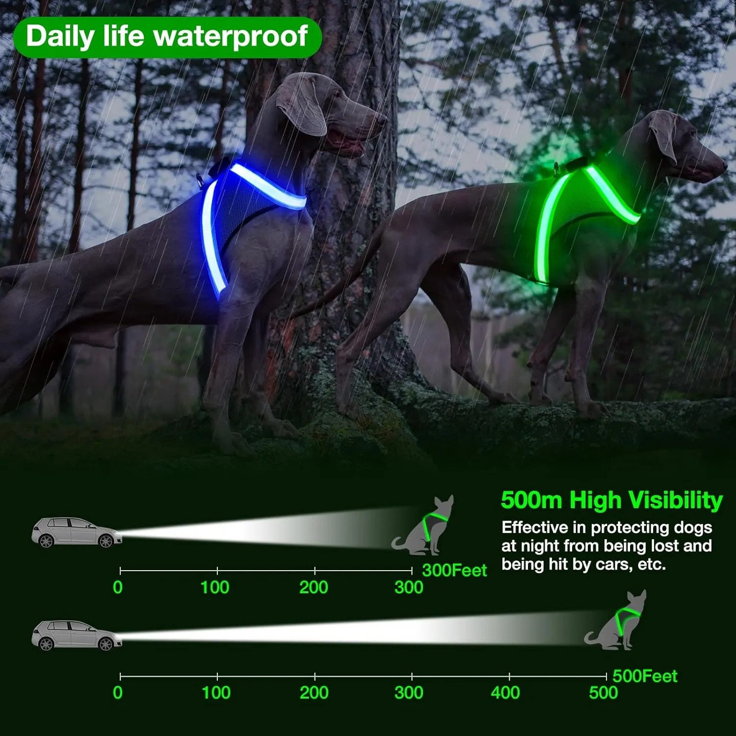 ChalkLit Light Up Dog Harness, No Pull Led Dog Harness Glow-in-The-Dark for Night Walking, USB Rechargeable Lighted Safety Vest for Medium Large Dogs, Adjustable Soft Mesh Fully Illuminated (Green, M)