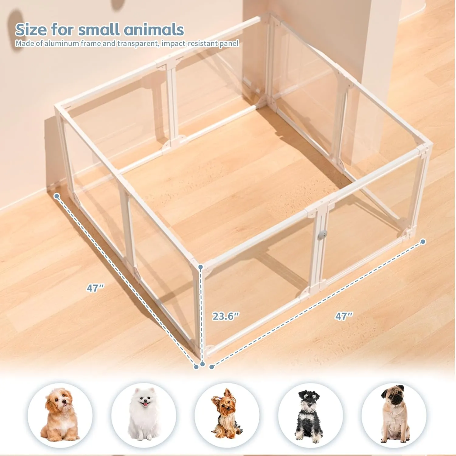 Clear Acrylic Metal Dog Play Pen Indoor, Puppy cat,Rabbit and Dog Pen, Transparent Easy to Assemble Folding Puppy Box Kennel Fence, Small and Medium Sized Dogs (White, 23.6" H, 8-Panel)