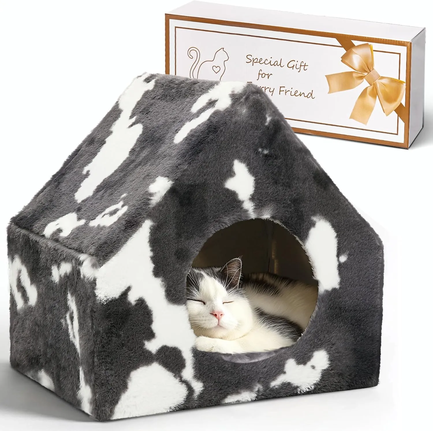 ComSaf Cat Bed Cave House - Winter Pet House with Fluffy Covered Cat Beds for Indoor Cats, Detachable Washable Plush Cat Hideaway Hut for Kitten Rabbit, Sturdy Cat Beds & Furniture Gifts, Grey