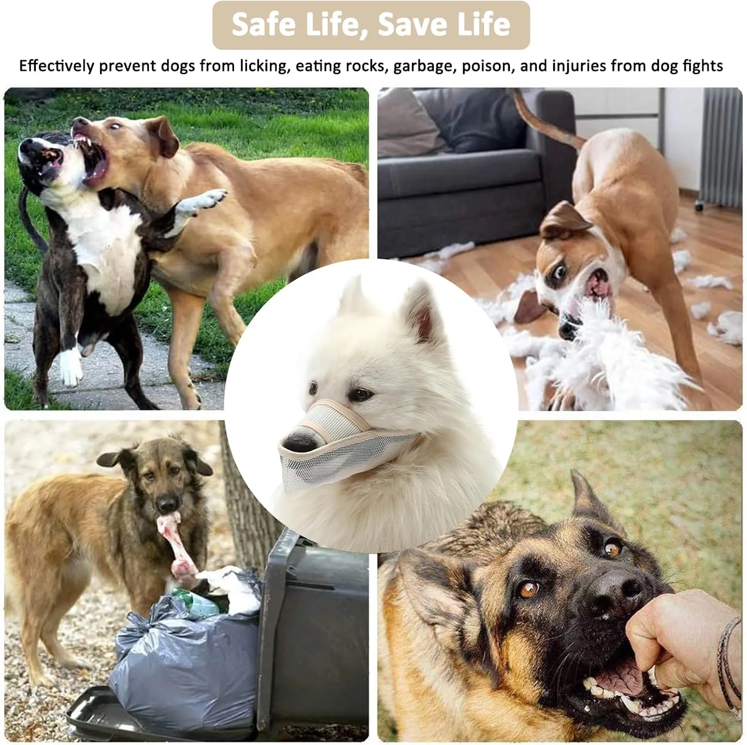 Crazy Felix Nylon Dog Muzzle for Small Medium Large Dogs, Air Mesh Breathable and Drinkable Pet Muzzle for Anti-Biting Anti-Barking Licking (L, Beige)