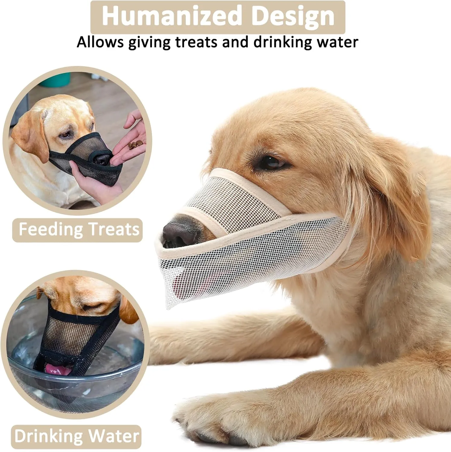 Crazy Felix Nylon Dog Muzzle for Small Medium Large Dogs, Air Mesh Breathable and Drinkable Pet Muzzle for Anti-Biting Anti-Barking Licking (L, Beige)