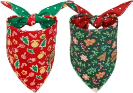 CROWNED BEAUTY Christmas Dog Bandanas Reversible Large 2 Pack, Gingerbread Delight Set, Polka Dots Adjustable Triangle Holiday Scarves for Medium Large Extra Large Dogs Boy Girl Pets DB138-L