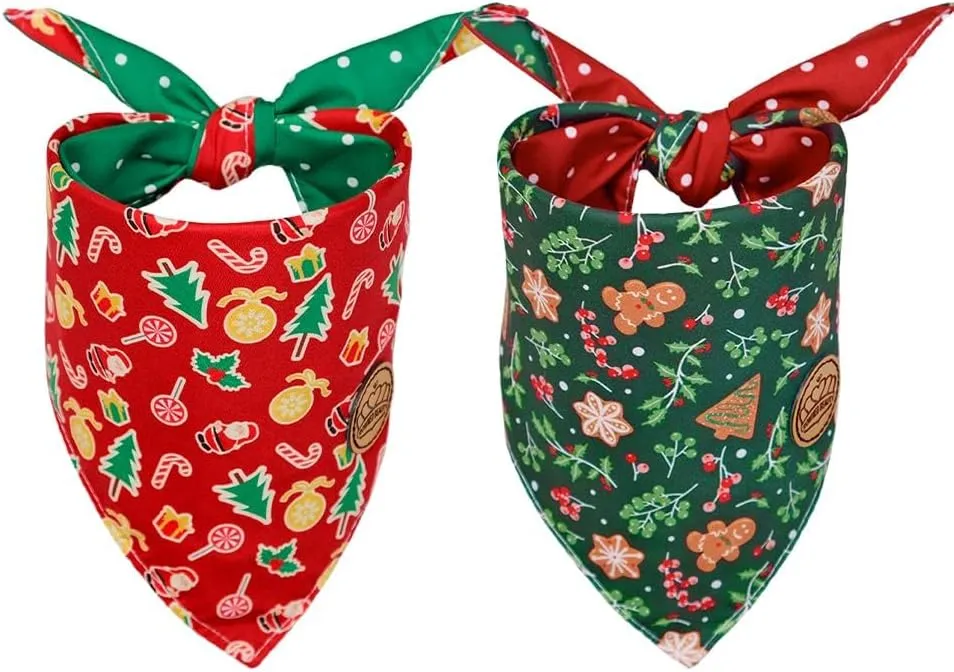 CROWNED BEAUTY Christmas Dog Bandanas Reversible Large 2 Pack, Gingerbread Delight Set, Polka Dots Adjustable Triangle Holiday Scarves for Medium Large Extra Large Dogs Boy Girl Pets DB138-L