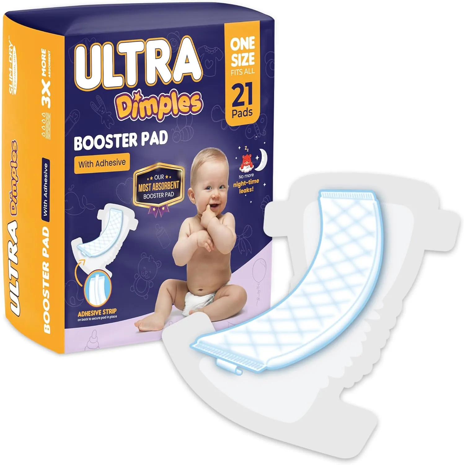 Dimples Booster Pads, Baby Diaper Doubler Inserts with Adhesive - 1 Size Fits All Diapers - Boosts Absorbency - No More leaks for Overnight, Travel, Nighttime or Anytime 21 Count