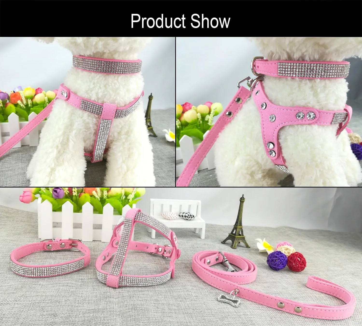 Dog Collar & Harness & Lead Sets Fashion Dog Collar Diamante with Harness & Leash Comfortable Soft Collar Harness and Leashes Set for Dog - Pink - M