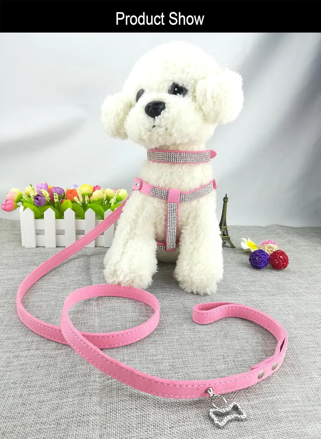 Dog Collar & Harness & Lead Sets Fashion Dog Collar Diamante with Harness & Leash Comfortable Soft Collar Harness and Leashes Set for Dog - Pink - M