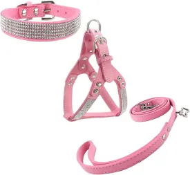 Dog Collar & Harness & Lead Sets Fashion Dog Collar Diamante with Harness & Leash Comfortable Soft Collar Harness and Leashes Set for Dog - Pink - M