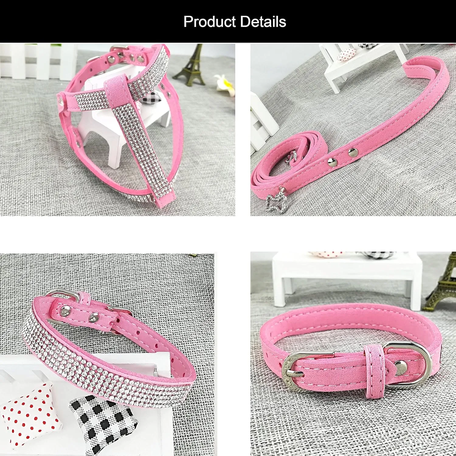 Dog Collar & Harness & Lead Sets Fashion Dog Collar Diamante with Harness & Leash Comfortable Soft Collar Harness and Leashes Set for Dog - Pink - M