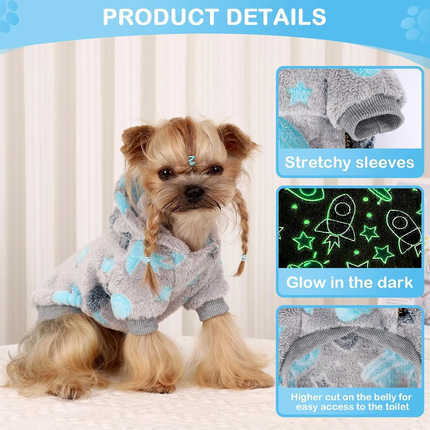 Dog Sweater, Glow in The Dark Dog Hoodie, Soft Flannel Pet Clothes for Boy Girl, Winter Warm Puppy Sweater for Chihuahua Yorkie Cat (Grey Rocket,S)