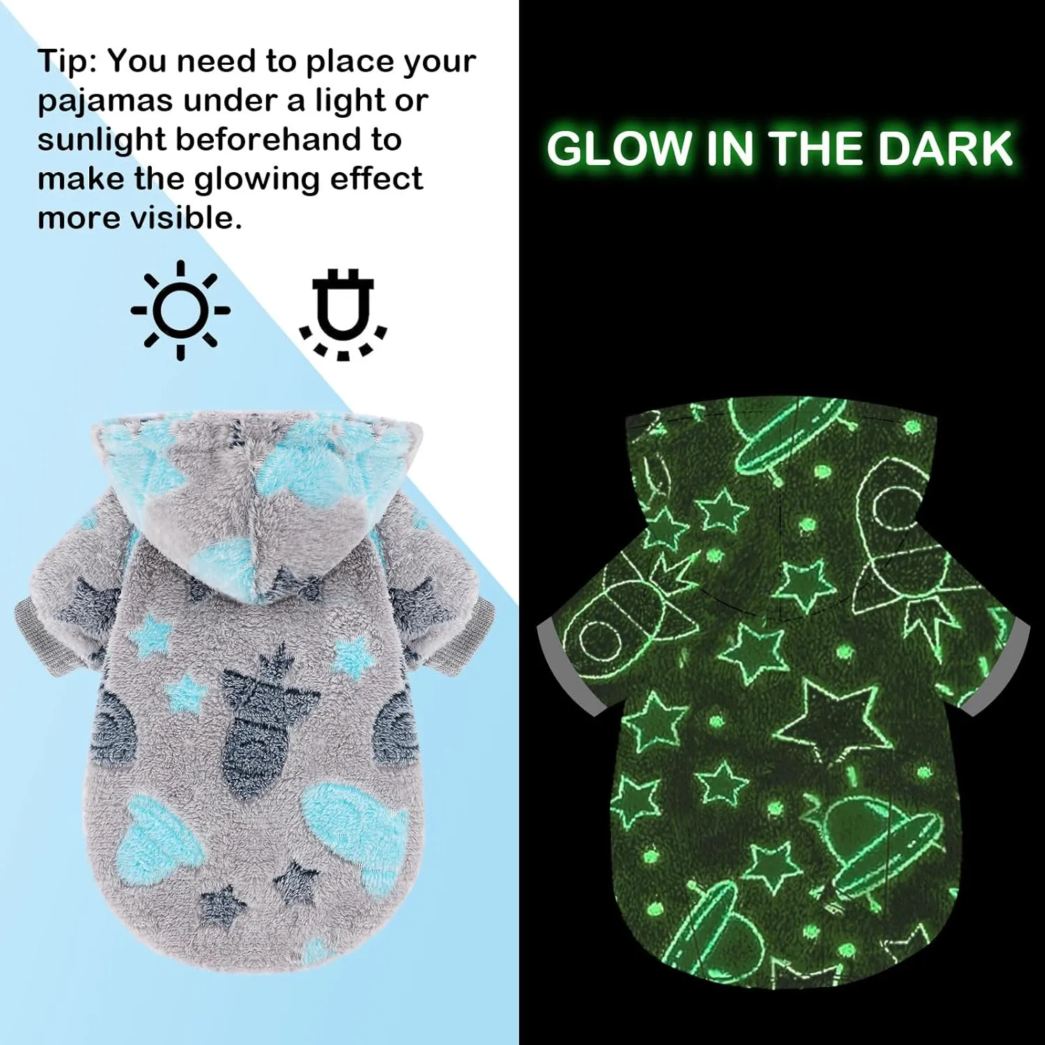 Dog Sweater, Glow in The Dark Dog Hoodie, Soft Flannel Pet Clothes for Boy Girl, Winter Warm Puppy Sweater for Chihuahua Yorkie Cat (Grey Rocket,S)