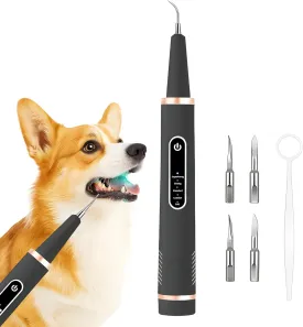 Dog Teeth Cleaning Tool with 5 Intensity Levels & 4 Heads  Ultrasonic Tooth Cleaner, Dog Dental Tool Kit, Plaque & Tartar Remover, Tooth Polisher & Scraper, Rechargeable Dental Device (Black)