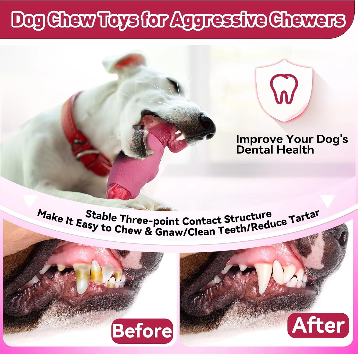 Dog Toys for Aggressive Chewers, Interactive Dog Chew Toy for Large Dogs, Indestructible Squeaky Toys to Keep Them Busy, Tough Toy for Medium/Large Breed Dogs Pink
