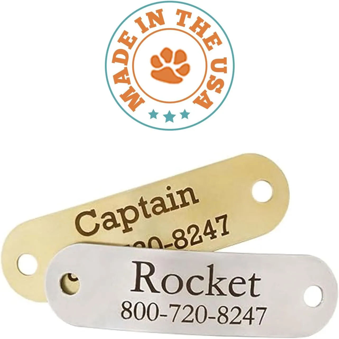 DogIDs Custom Personalized Brass Rivet-On Dog Collar Nameplates Noiseless Suitable for Dogs ID Tag with Name and Number -3/4 Inch Wide Collars