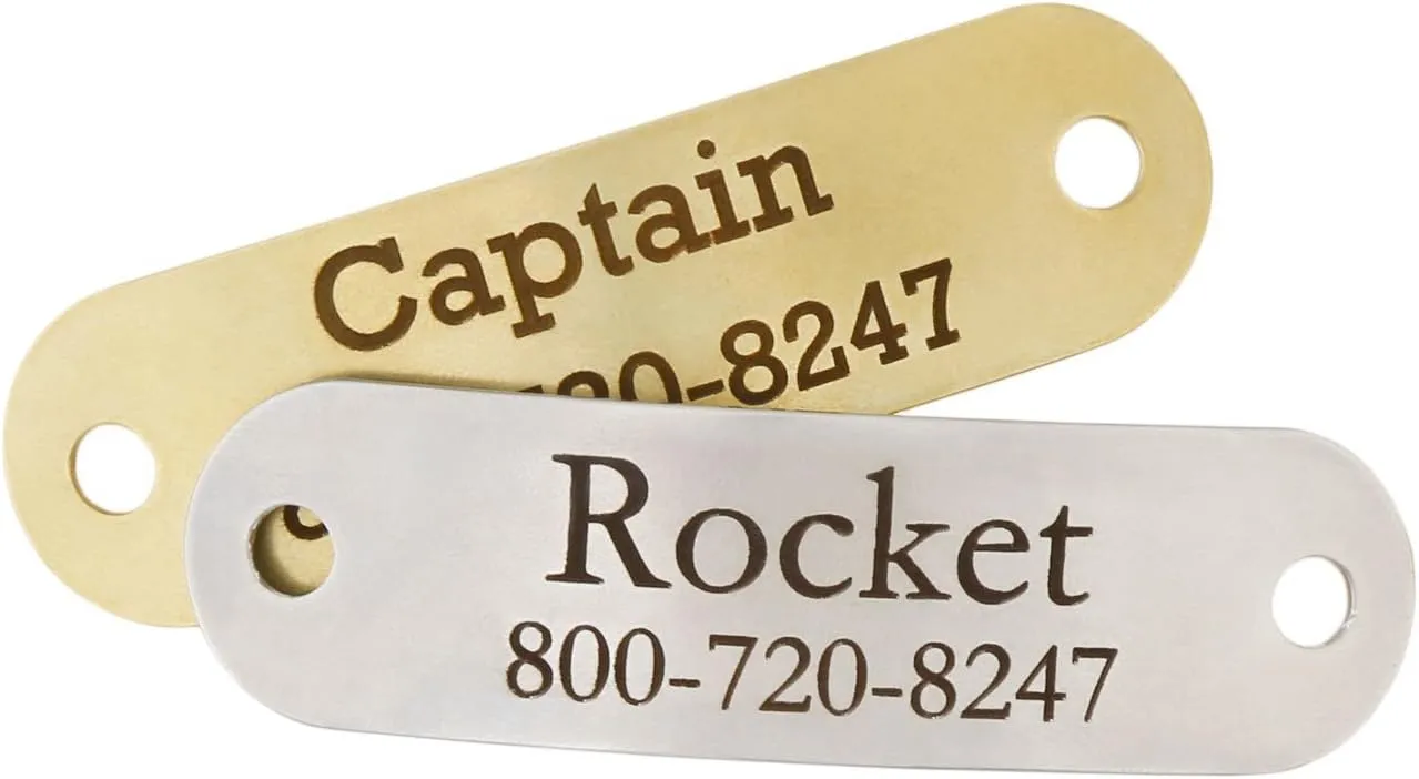 DogIDs Custom Personalized Brass Rivet-On Dog Collar Nameplates Noiseless Suitable for Dogs ID Tag with Name and Number -3/4 Inch Wide Collars