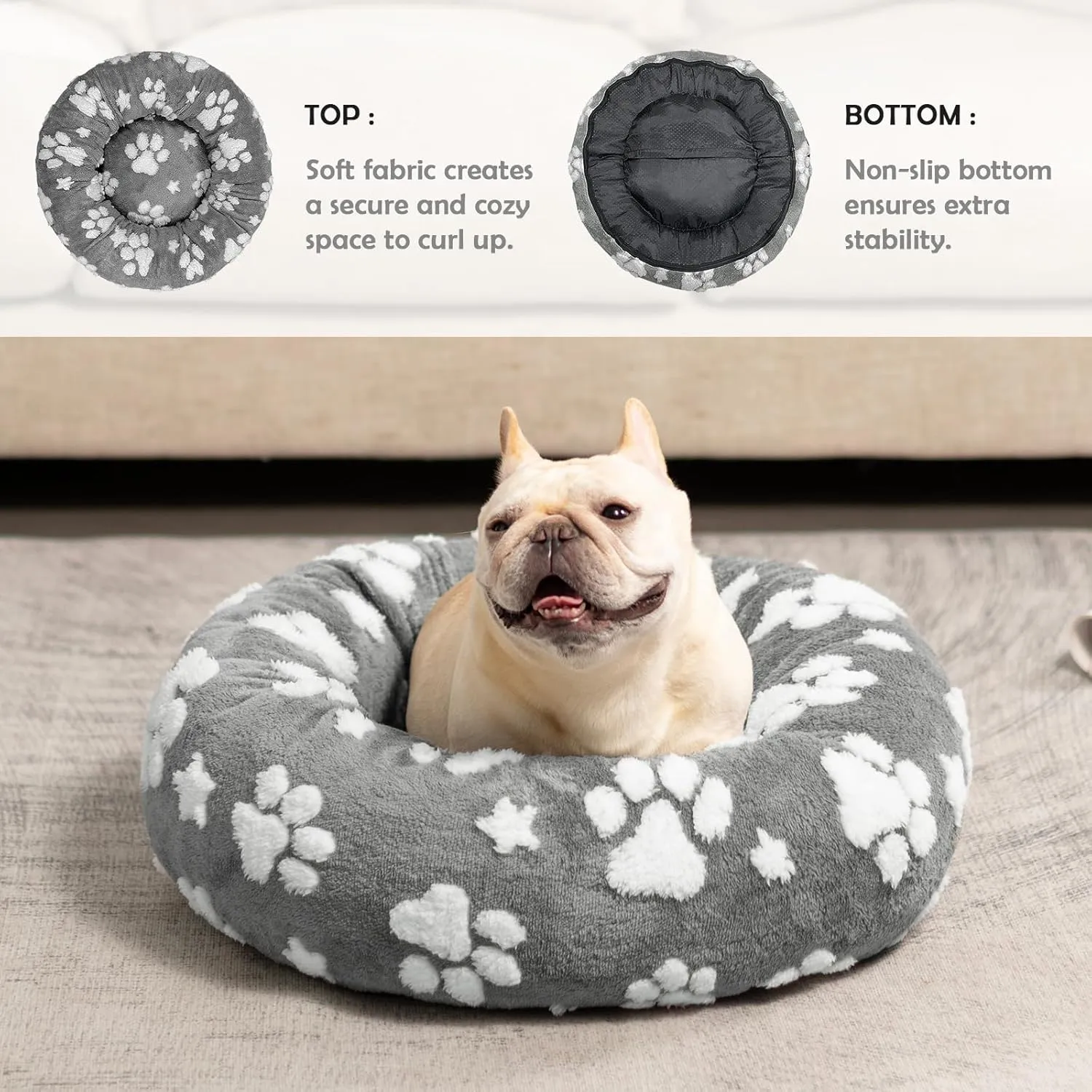 Donut Dog Beds for Small Dogs, Calming Round Cat Beds for Indoor Cats, Cute 3D Textured Paw Pet Bed with Removable Washable Cover and Anti-Slip BottomGrey23"