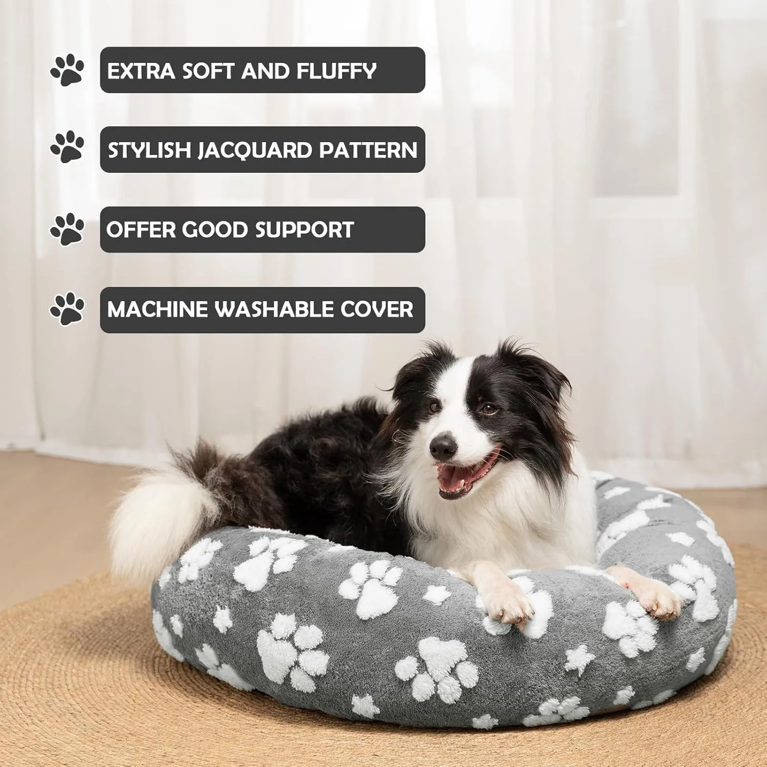 Donut Dog Beds for Small Dogs, Calming Round Cat Beds for Indoor Cats, Cute 3D Textured Paw Pet Bed with Removable Washable Cover and Anti-Slip BottomGrey23"