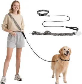 E-Clover Hands Free Dog Leash Adjustable Waist & Crossbody Leopard Print Collar and Leash Set Free Disassembly Waist Leashes for Dog Walking Jogging Brown