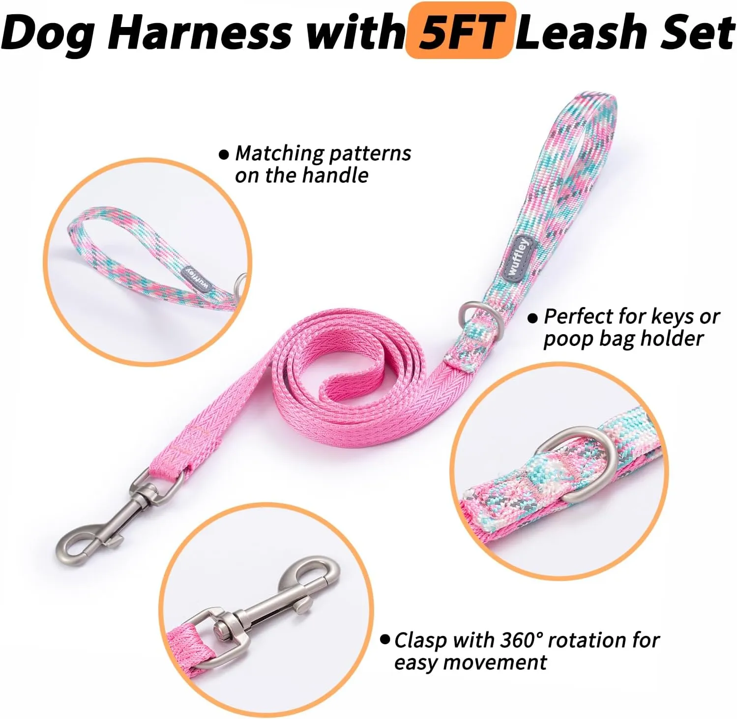 Easy Walk Dog Harness and Leash Set, Freedom No Pull Harness with 2 Patches,Escape Proof/Quick Fit to Adjust Dog Vest Harness,Easy for Training Walking for Small,Medium & Large Dogs(Pink,M)