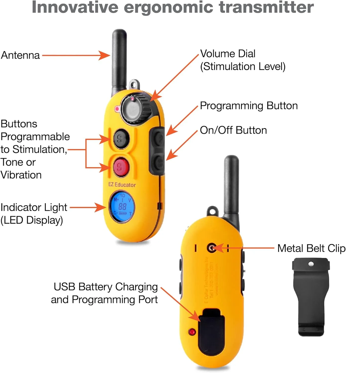 Educator EZ 1/2 Mile Dog Training Collar with Ergonomic Remote, Safe Humane Vibration Stimulation, Pavlovian Tone, Waterproof, Odorproof Biothane Collar, Night Light, Rechargeable, 1 Dog, Yellow