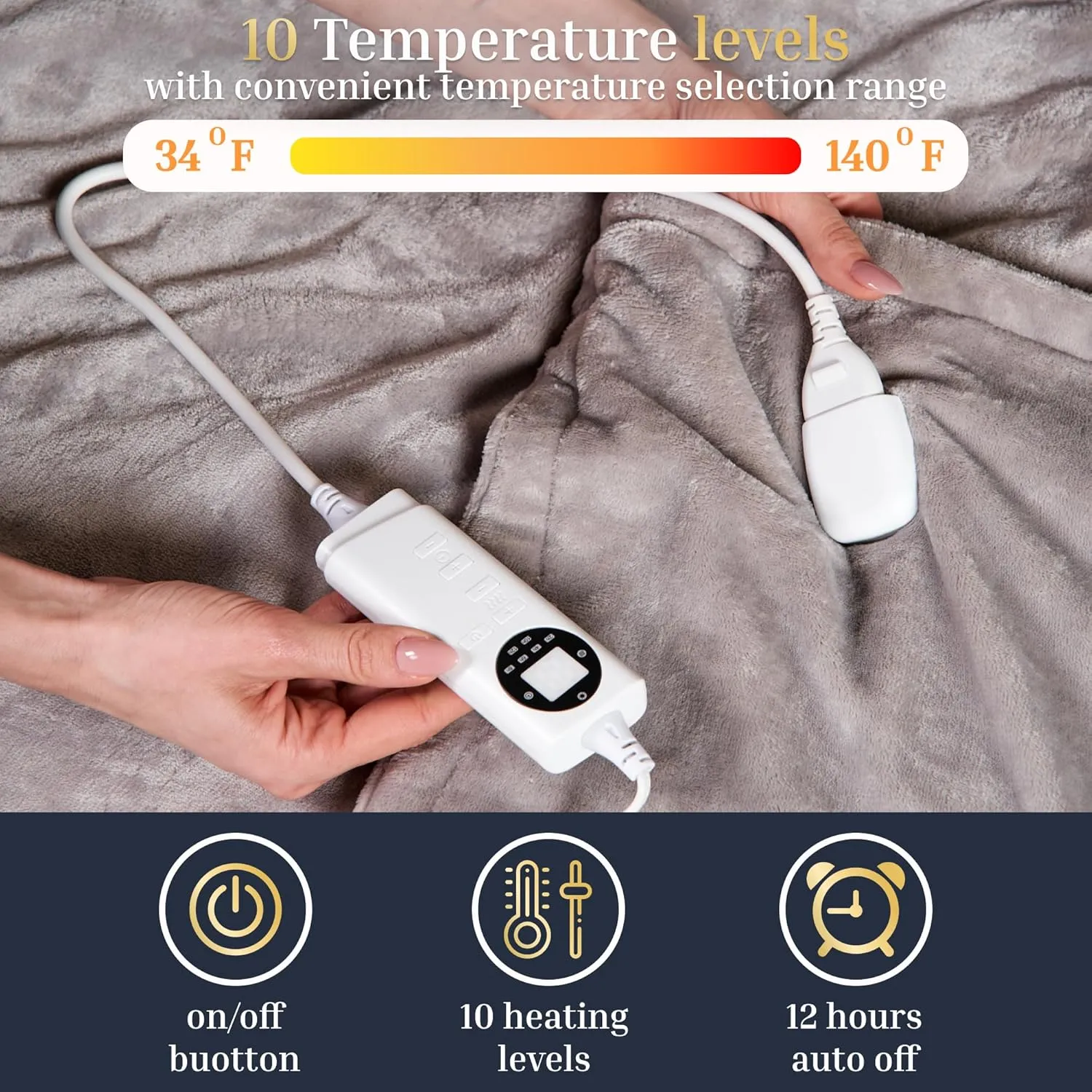Electric Blanket Heated Blanket, 10 Heat Levels (34-140F), 12-Hour Auto Shut-Off, Soft Polyester Fleece, Fast Heating, Machine Washable, Electric Blanket (Gray, Full)
