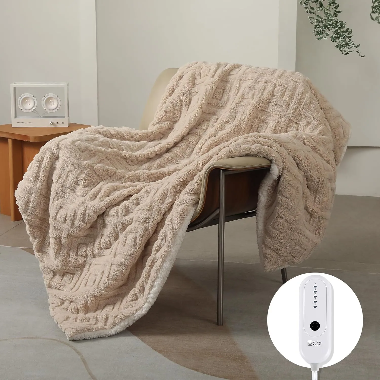 Electric Heated Blanket 50 x 60 Inches Heated Throw with 5 Fast Heating Levels & 4 Hours Auto Off, Fuzzy Soft Cozy Sherpa Blanket for Couch Sofa, ETL & FCC Certification, Light Khaki
