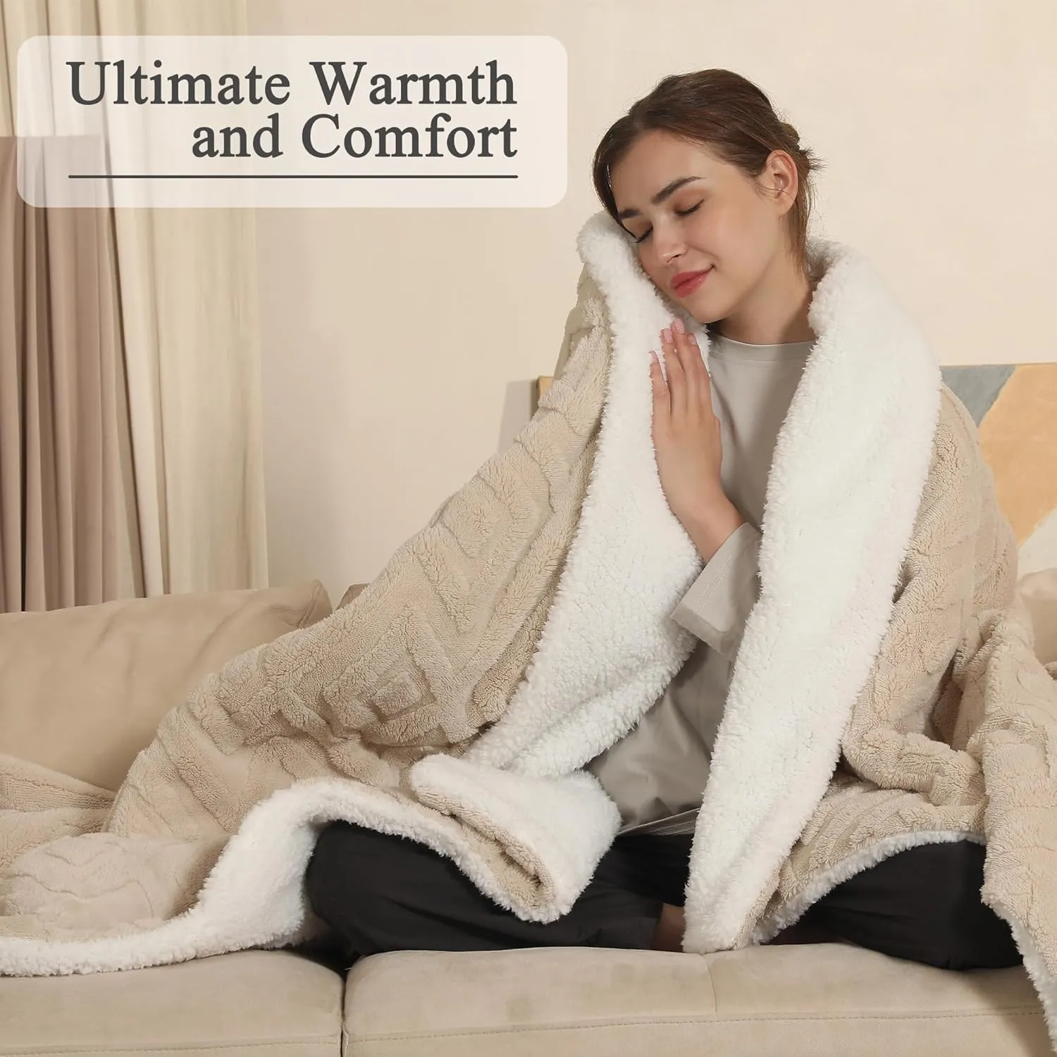 Electric Heated Blanket 50 x 60 Inches Heated Throw with 5 Fast Heating Levels & 4 Hours Auto Off, Fuzzy Soft Cozy Sherpa Blanket for Couch Sofa, ETL & FCC Certification, Light Khaki