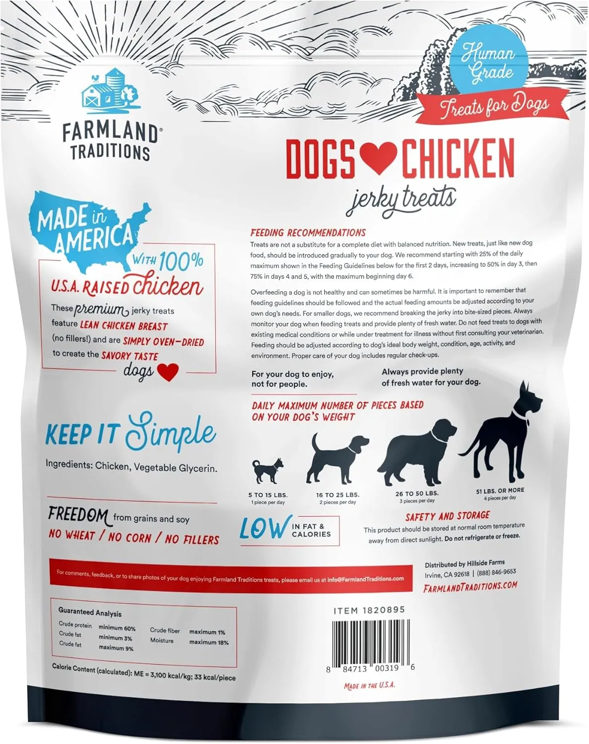 Farmland Traditions Dogs Love Chicken Jerky Dog Treats, Premium Two-Ingredient Dog Jerky with USA-Raised, Human-Grade Chicken & No Antibiotics Ever, 3-Pound Bag