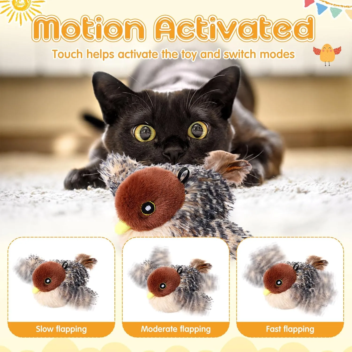 Flapping Bird Cat Toy with Chirping Sounds & Detachable Core - Indoor Interactive Flappy Wings, Catnip-Ready, 3 Speed Modes for Kitten and Pets(Magpie)