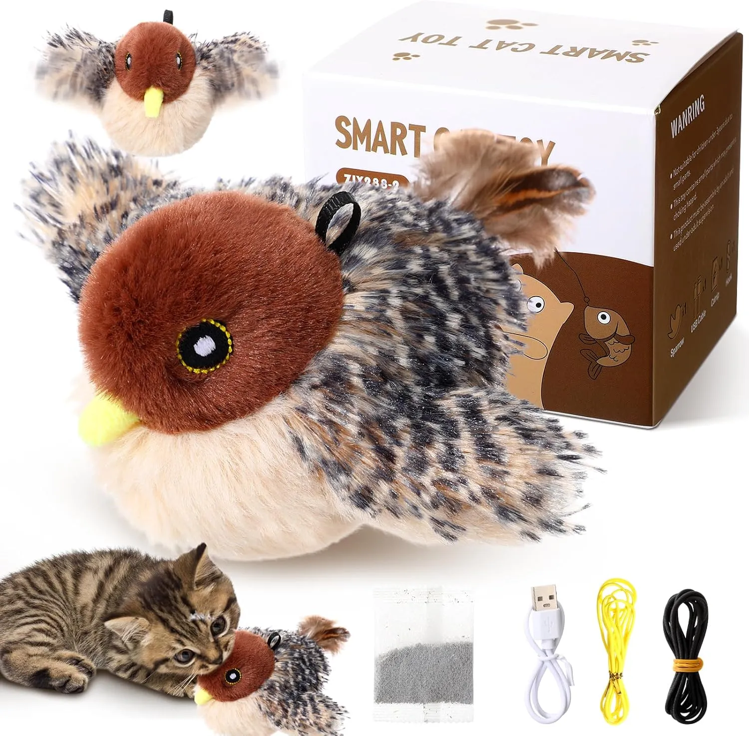 Flapping Bird Cat Toy with Chirping Sounds & Detachable Core - Indoor Interactive Flappy Wings, Catnip-Ready, 3 Speed Modes for Kitten and Pets(Magpie)