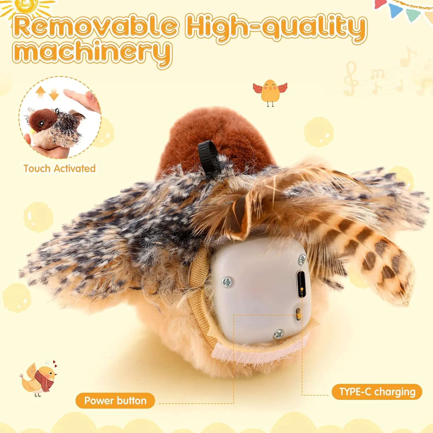 Flapping Bird Cat Toy with Chirping Sounds & Detachable Core - Indoor Interactive Flappy Wings, Catnip-Ready, 3 Speed Modes for Kitten and Pets(Magpie)