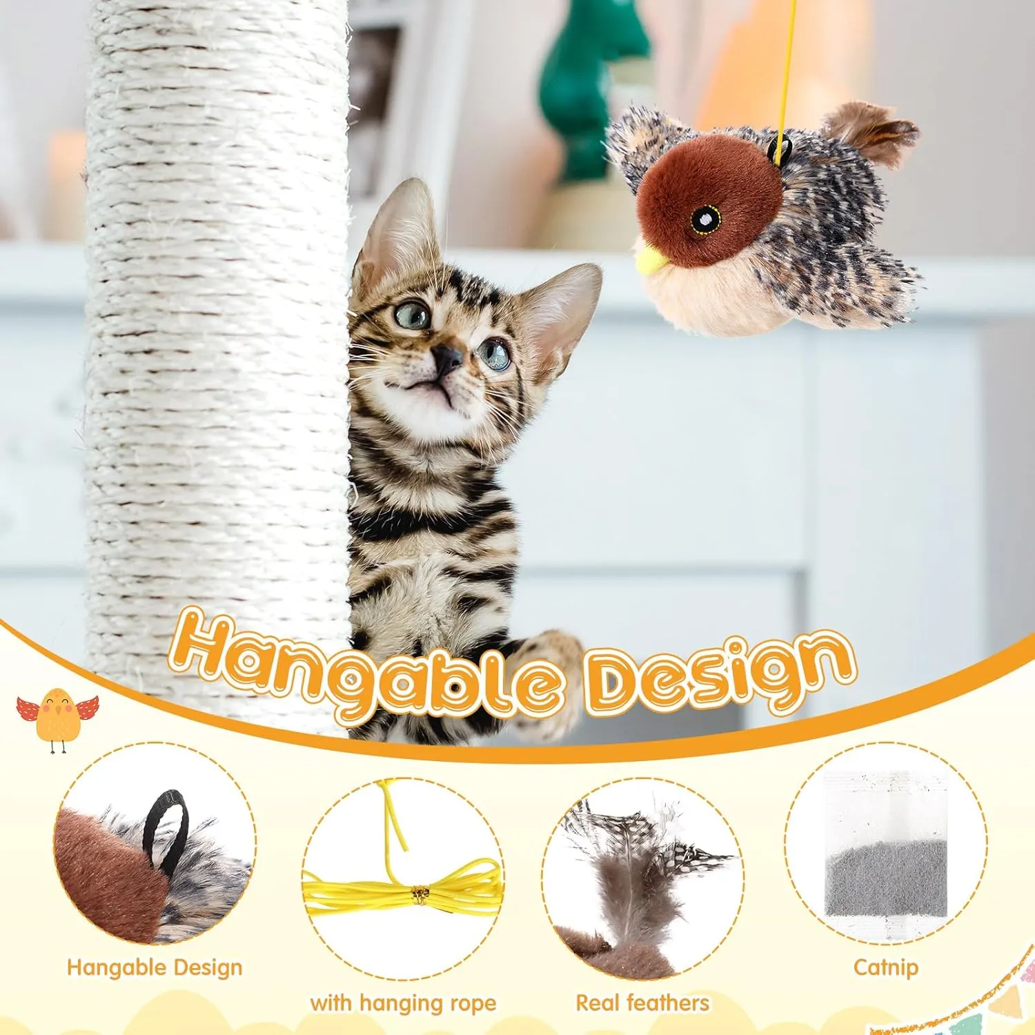 Flapping Bird Cat Toy with Chirping Sounds & Detachable Core - Indoor Interactive Flappy Wings, Catnip-Ready, 3 Speed Modes for Kitten and Pets(Magpie)