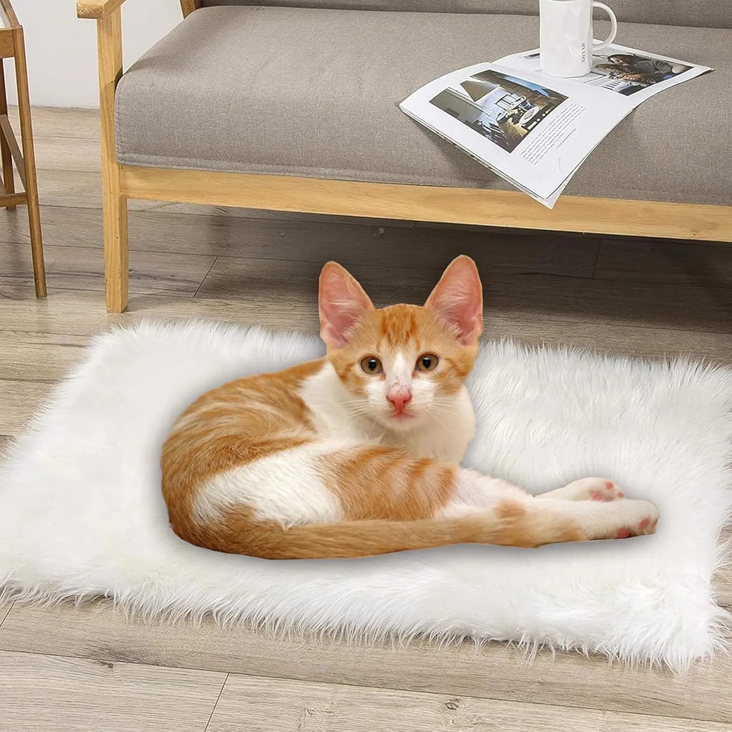 Fluffy Dog Cat Bed Mat 19.6x31.4 inch, Washable Soft Plush Faux Fur Warm Area Puppy Pads Blanket for Indoor Pet Sleep Cushion White