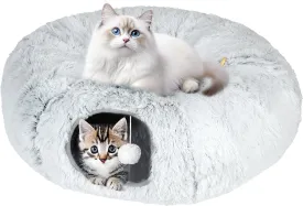 Fluffy Tunnel Cat Bed for Multiple Cats, Removable, Washable, Patchwork Tunnel Pet Bed, Cozy Fluffy Cat Bed (Scratch Gray)