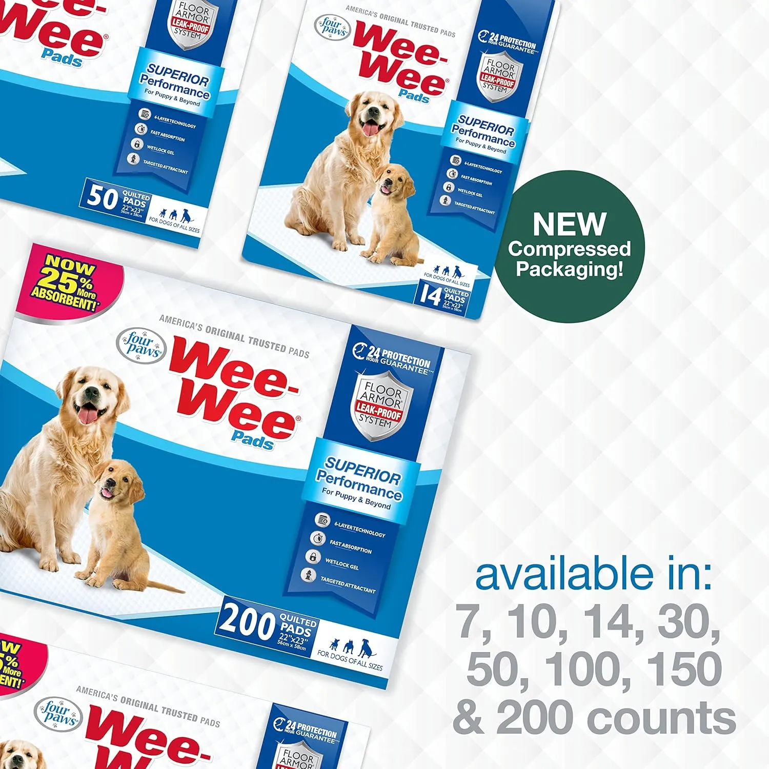 Four Paws Wee-Wee Superior Performance Unscented Pee Pads for Dogs & Puppies, Quilted Leak-Proof Dog Housebreaking Potty Training Floor Protection, 22" x 23", 30 Count